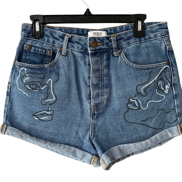 Forever 21 Abstract Face Jean Blue Light-wash Denim Shorts - Picture 1 of 4